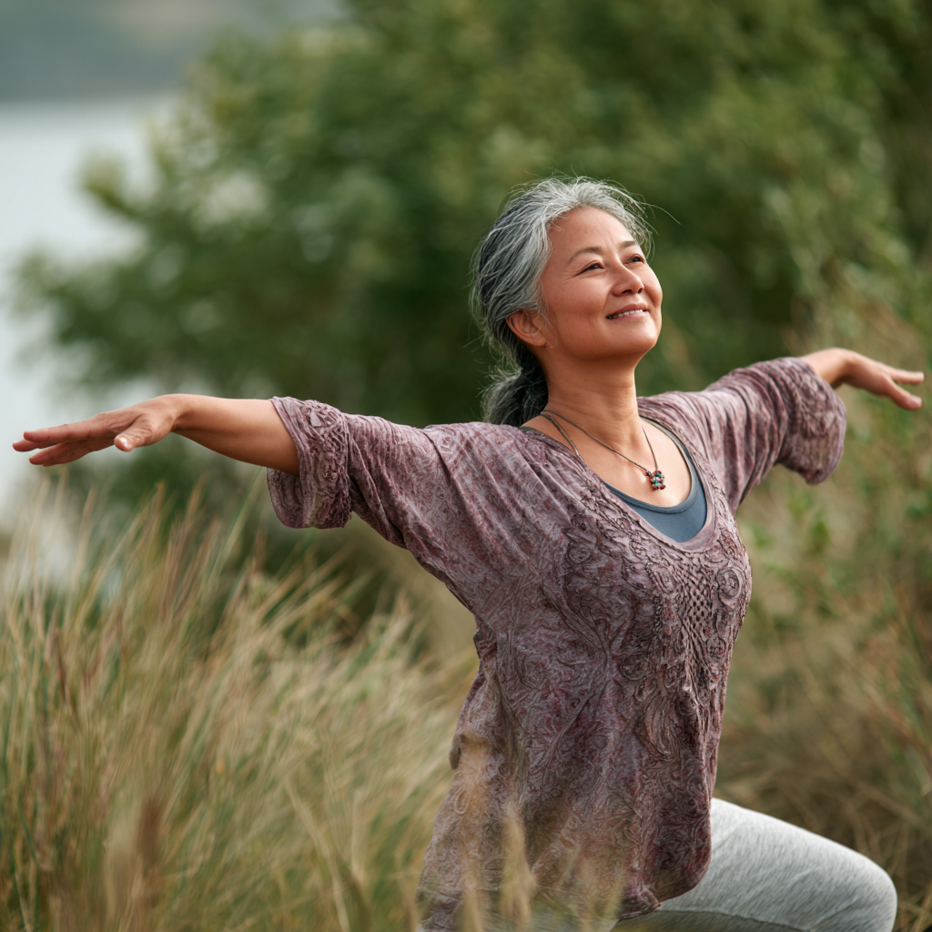 O'zbekistonlik kattalar yoga mashg'uloti paytida osoyishtalik bilan asana bajarayotgan